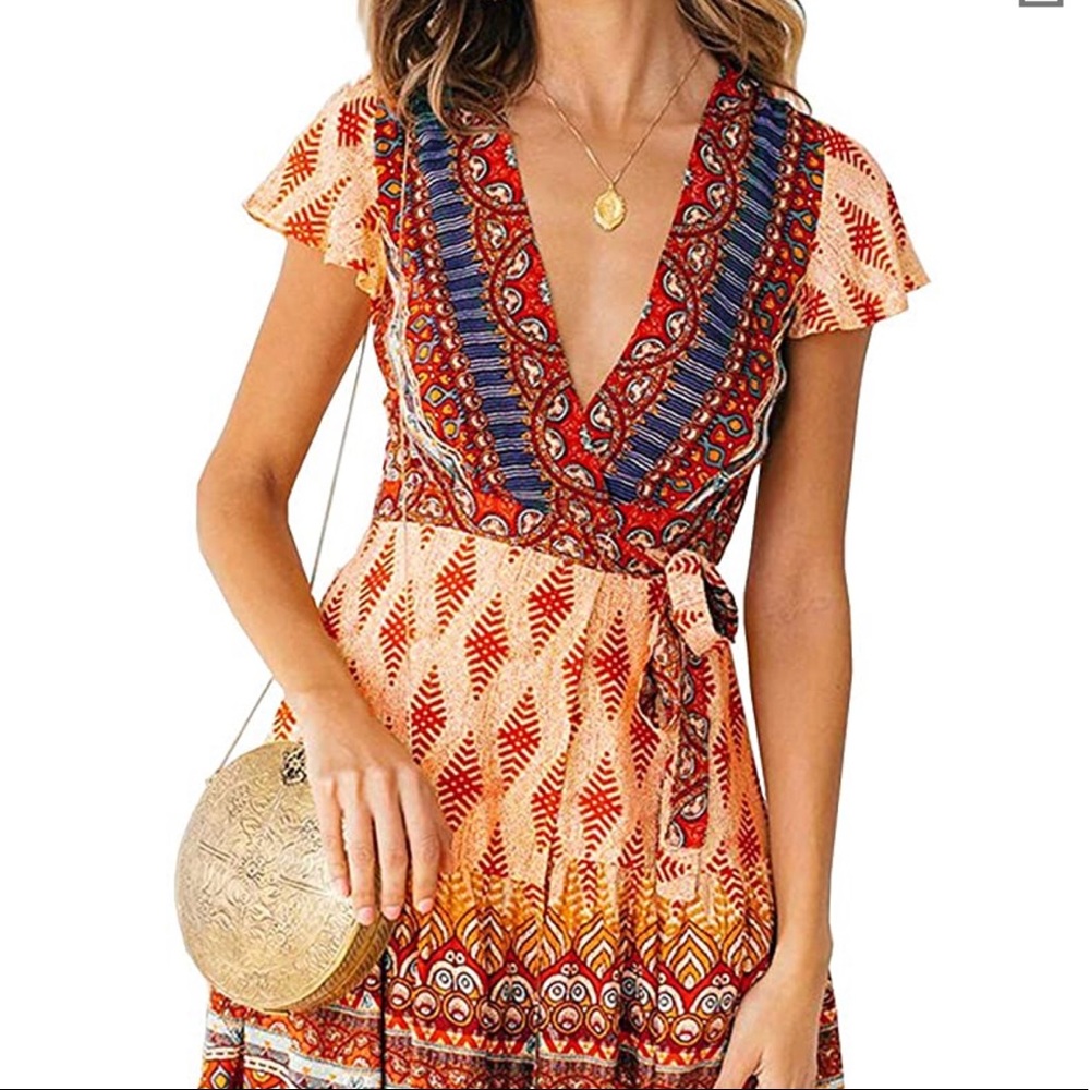 Wrap V Neck Boho Ruffle Swing Dress